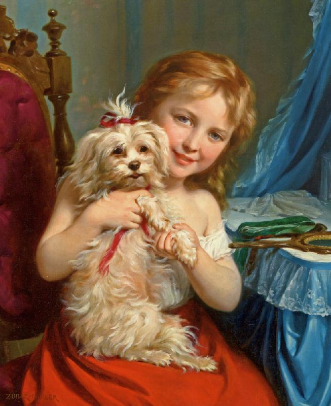 Fritz Zuber-Buhler Young Girl with Bichon Frise Germany oil painting art